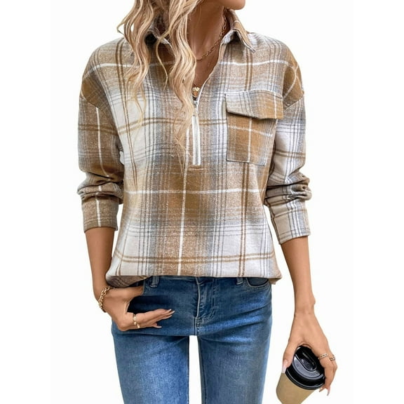 Womens Plaid Zip Up Shirts Dressy Cuffed Long Sleeve Tops Casual Work Blouses Khaki XL