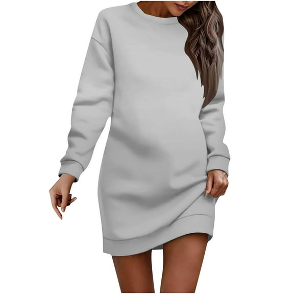 Womens Plain Dresses Women's Solid Color Casual Trendy Cute Comfy Soft Loose Flowy Round Neck Long Sleeved Ruched Medium Long Sundresses Gray M-3XL