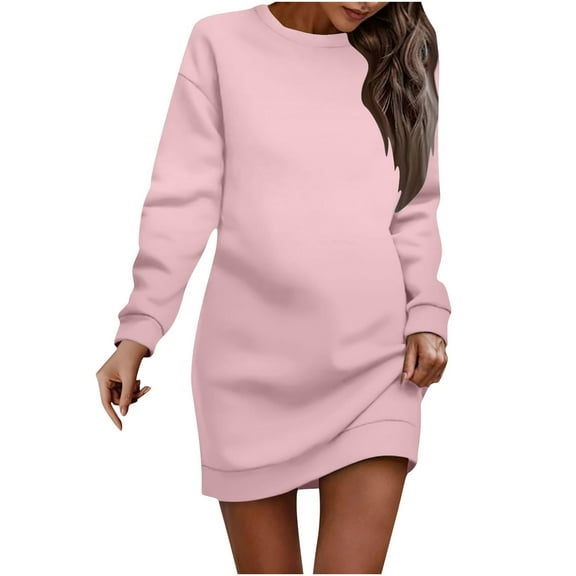 Womens Plain Dresses Women's Solid Color Casual Trendy Cute Comfy Soft Loose Flowy Round Neck Long Sleeved Ruched Medium Long Sundresses Pink M-3XL