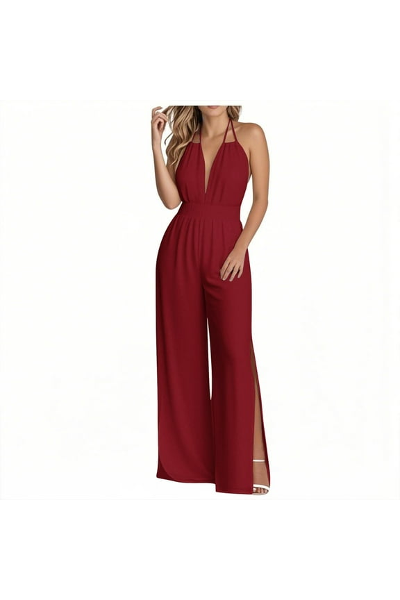 Womens Plain Jumpsuits Dressy Slit Hem Overalls One Piece Outfits Adjustable Backless Halter Wide Leg Pants Rompers Side Split Beach Romper Baggy Relaxed Fit Jumpsuit Classic Office Bussiness Pants