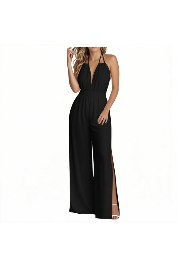 Womens Plain Jumpsuits Dressy Slit Hem Overalls One Piece Outfits Adjustable Backless Halter Wide Leg Pants Rompers Side Split Beach Romper Baggy Relaxed Fit Jumpsuit Classic Office Bussiness Pants