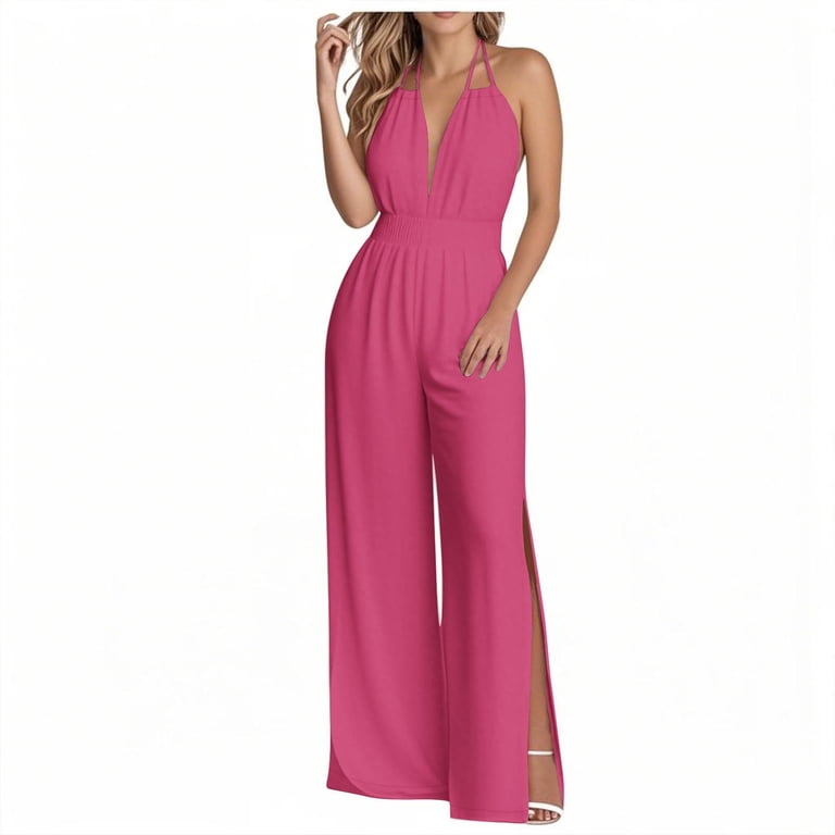 Womens Plain Jumpsuits Dressy Slit Hem Overalls One Piece Outfits  Adjustable Backless Halter Wide Leg Pants Rompers Side Split Beach Romper  Baggy Relaxed Fit Jumpsuit Classic Office Bussiness Pants - Walmart.com
