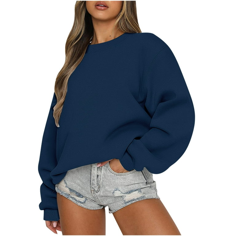 Womens Plain Pullover Sweatshirts Oversized Fleece Crew Neck Soft Workout  Casual Long Sleeve Tops for Teen Girls (X-Large, Navy)