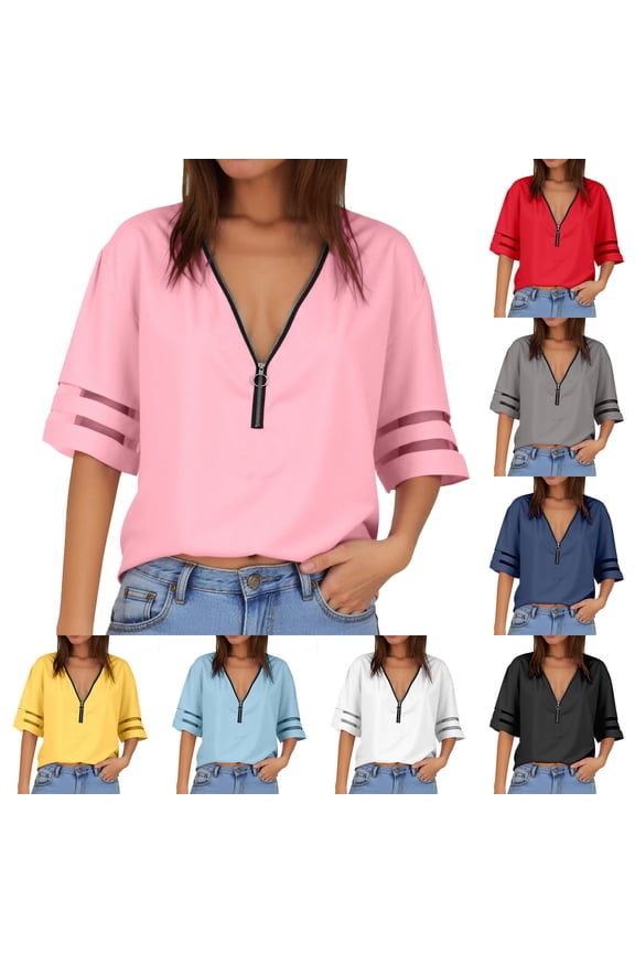 Womens Plain Tshirts Ladies Casual V Neck Zip Half Sleeve Mesh Panel Loose Pullover Top Everyday BU2 XL