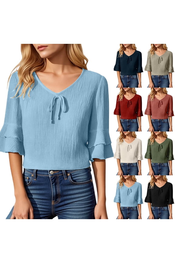 Womens Plain Tshirts Ladies Spring Summer Lightweight V Neck Double Layer Ruffle Sleeve Knit Top Brick Red L