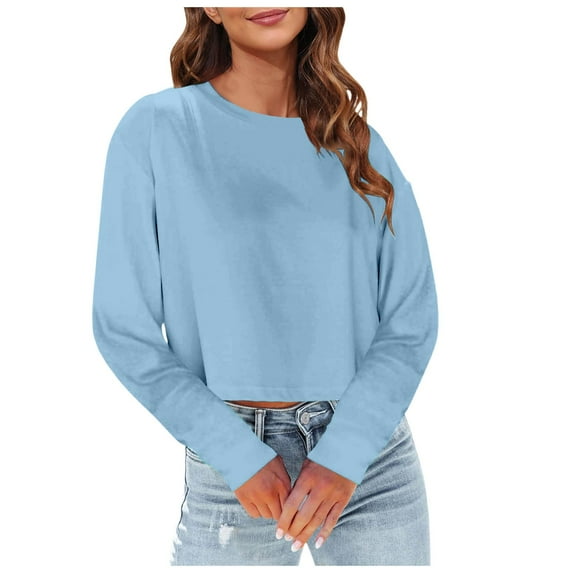 Womens Plain Tshirts Long Sleeve Going Out Tops for Women Fall Fashion Solid Crewneck Crop Blouses Business Casual Blue M