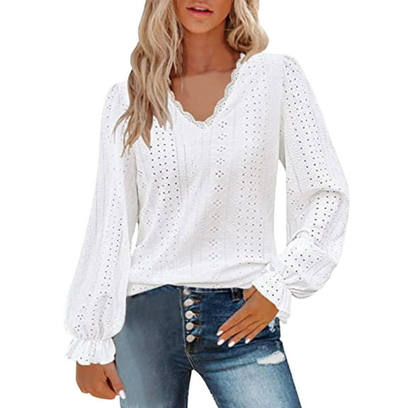 Womens Plain Tshirts Long Sleeve Going Out Tops for Women Fall Lace V Neck Puff Eyelet Blouses Business Casual White 2XL