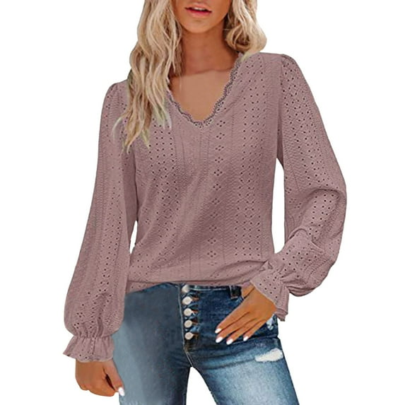 Womens Plain Tshirts Long Sleeve Going Out Tops for Women Fall Lace V Neck Puff Eyelet Blouses Casual Hot Pink 2XL