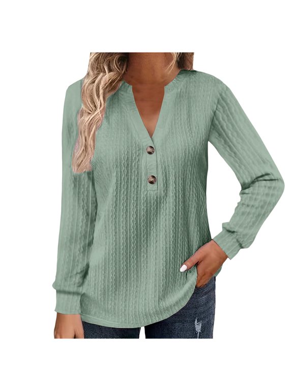 Womens Plain Tshirts Long Sleeve Going Out Tops for Women Fall Large Loose Solid V Neck Loose Single V Neck Blouses Business Casual Green M