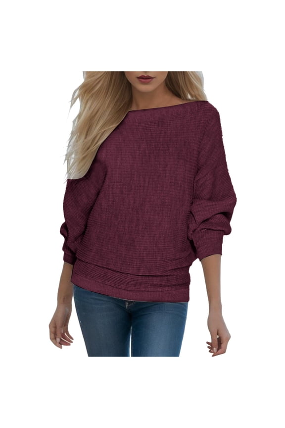 Womens Plain Tshirts Long Sleeve Going Out Tops for Women Fall Long Batwing Sleeve Boat Neck Baggy Slouchy Pullover Sweaters Cute Tee Shirts L