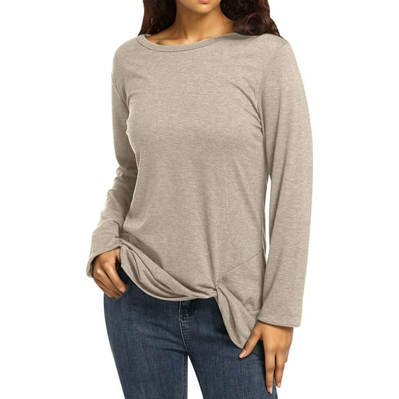 Womens Plain Tshirts Long Sleeve Going Out Tops for Women Fall Loose Cotton Blend Wearing Daily Work Blouses Dressy Casual Khaki 2XL