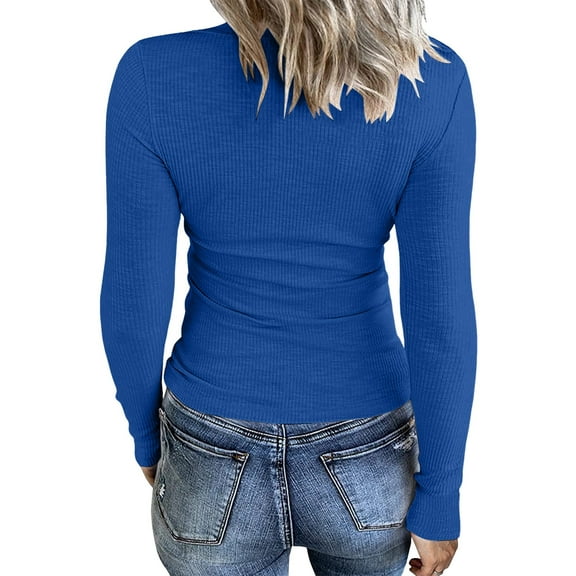 Womens Plain Tshirts Long Sleeve Going Out Tops for Women Fall Ribbed Knit Fitted Slim Basic Blouses Casual Blue L