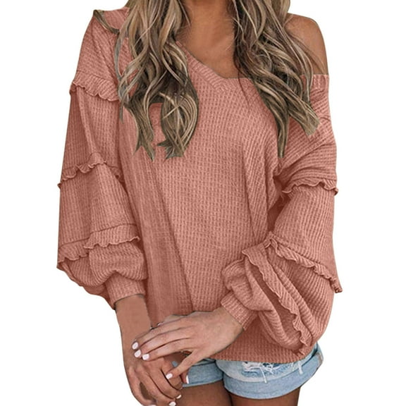 Womens Plain Tshirts Long Sleeve Going Out Tops for Women Fall V Neck Loose Fit Ruffles Off Shoulder Knit Solid Color Blouses Dressy Casual Pink L