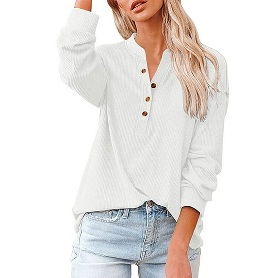 Womens Plain Tshirts Long Sleeve Going Out Tops for Women Fall V Neck Loose Solid Summer Stitching Blouses Dressy Casual White S
