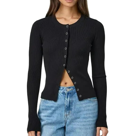 Womens Plain Tshirts Long Sleeve Going Out Tops for Women Fall Crochet Knit Cardigan Slim Fitted Crewneck Ribbed Sweater Button Down Knitwear Streetwear Blouses Dressy Casual Black S