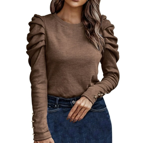 Womens Plain Tshirts Long Sleeve Going Out Tops for Women Fall Solid Color High Elastic Crewneck Slim Fit Puffed Sleeve Blouses Dressy Casual Coffee L
