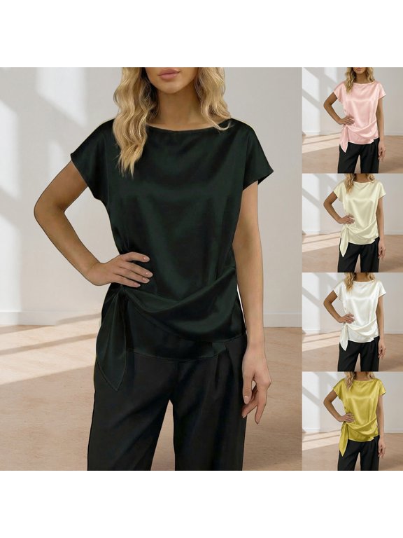 Womens Plain Tshirts Women Casual Round Neck Flounce Blouse Soft Daily Basic Tee Beige L