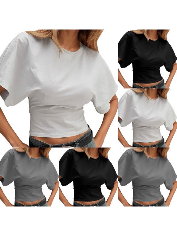 Womens Plain Tshirts Women Solid Basic Round Neck Short Sleeve Loose Irregular Hem Pullover Black L