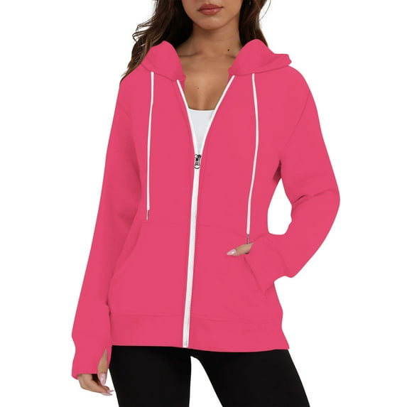 Womens Plain Zip Up Hoodie Womens Fleece Hooded Top Long Sleeve Sweatshirt with Pockets Warm Soft Fall Hoody Jackets Fall Winter Cardigan Zipped Sweat Tops Thermal Outerwear pink S