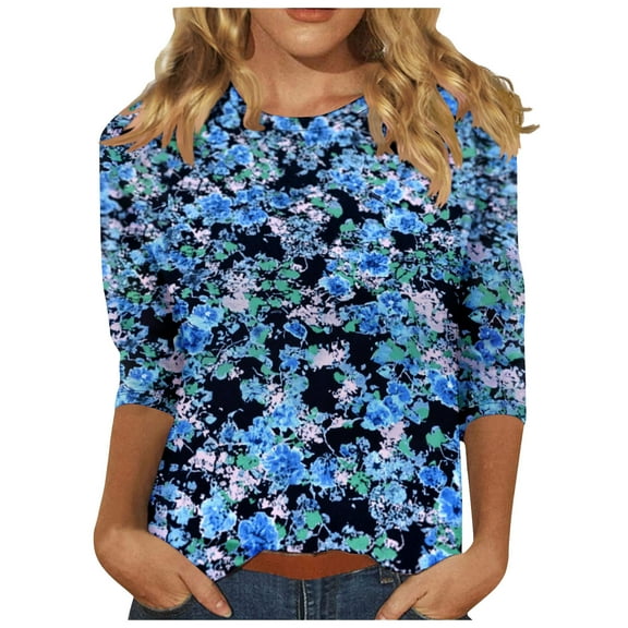 Womens Plant Printed T Shirts Short Sleeve Crew Neck Loose Casual Summer Tops Blue XL