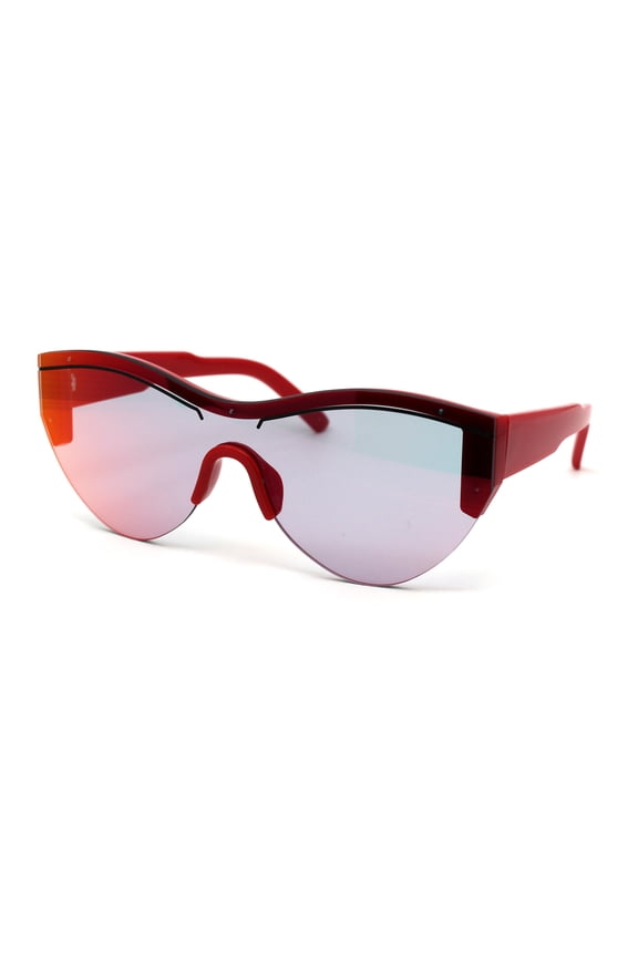 Womens Plastic Shield Rimless 80s Robotic Sunglasses Red Red Mirror