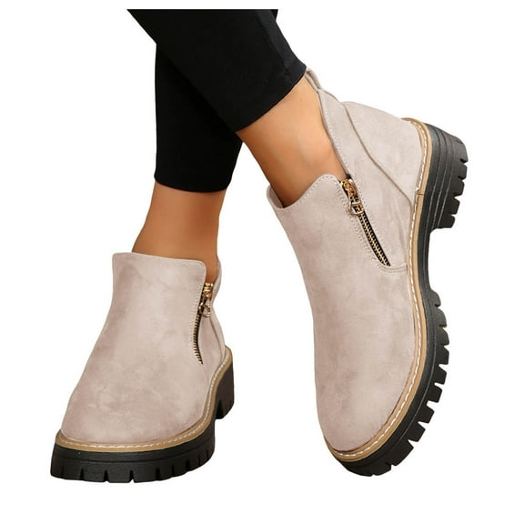 Womens Platform Ankle Boots 2025 Fashion Casual Side Zipper Round Toe Chunky Mid Heel Walking Booties Winter Fall Beige Size 6
