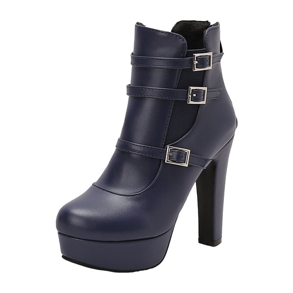 Womens Platform Ankle Boots Buckle Strap High Heeled Slip On Chelsea Booties Wide Width Mid Calf Gothic Boots Blue Size 6