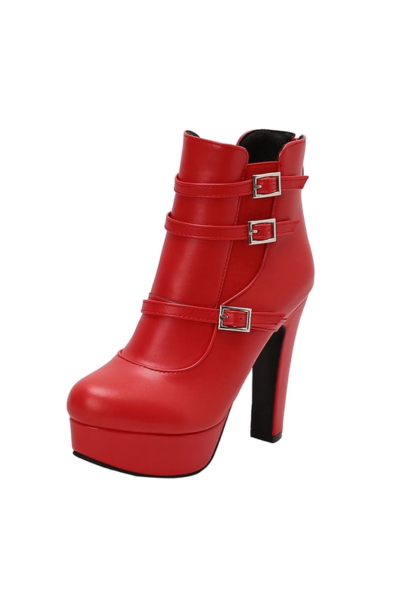 Womens Platform Ankle Boots Buckle Strap High Heeled Slip On Chelsea Booties Wide Width Mid Calf Gothic Boots Red Size 9.5