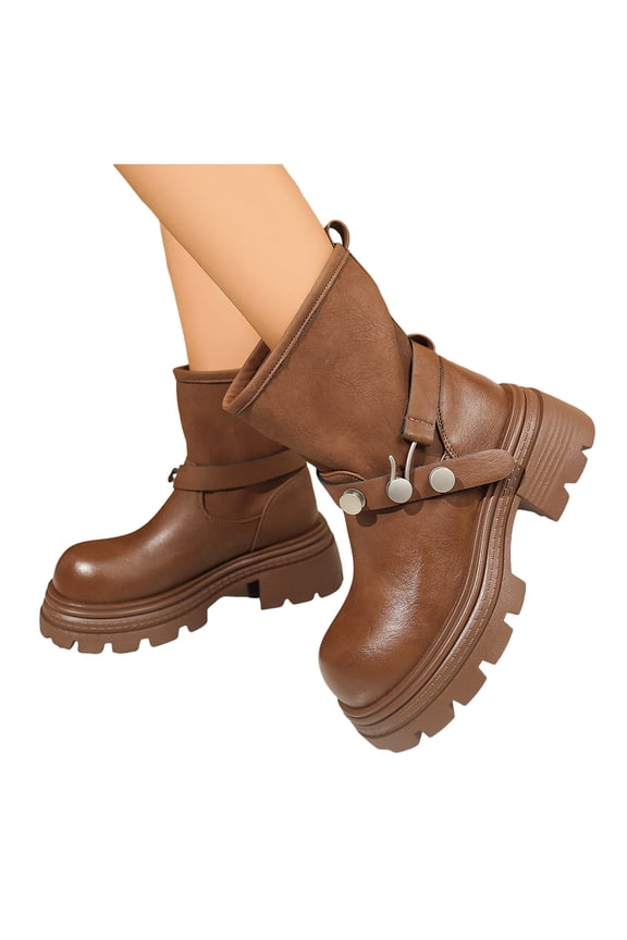 Womens Platform Ankle Boots Chunky Lug Sole Wide Calf Buckle Strap Riding Booties Round Toe Black Brown Leather Pull on Fall Winter Boots