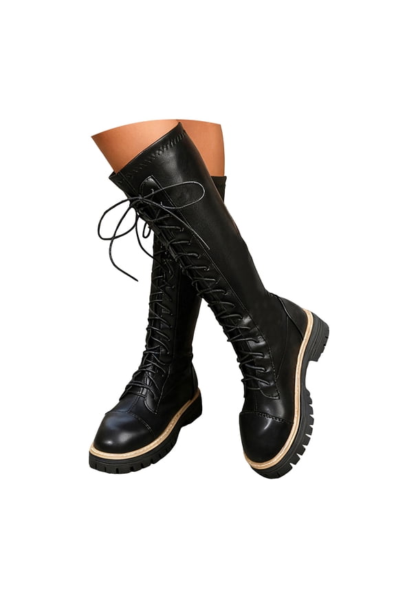 Womens Platform Black Knee High Boots Lace Up Knee Length Combat Booties Thick Sole Non Slip Motocycle Boots