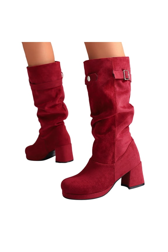 Womens Platform Boots Casual Suede Slouchy Pull on Mid Calf Winter Booties Block Heel Buckle Strap Dress Long Boots Red Size 5.5