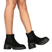 Womens Platform Chelsea Combat Boots Classic Fashion Suede Round Toe Chunky Lug Slip on Short Ankle Booties