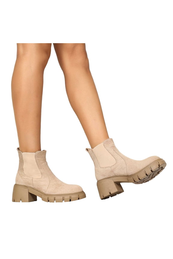 Womens Platform Chelsea Combat Boots Classic Fashion Suede Round Toe Chunky Lug Slip on Short Ankle Booties
