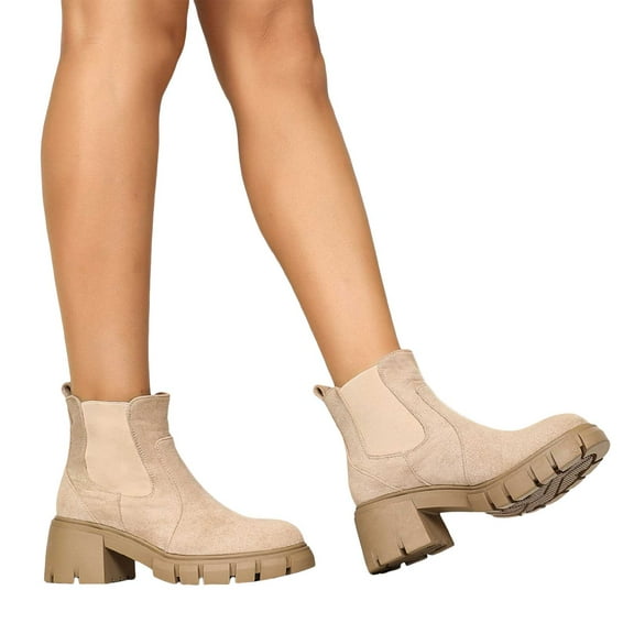 Womens Platform Chelsea Combat Boots Classic Fashion Suede Round Toe Chunky Lug Slip on Short Ankle Booties