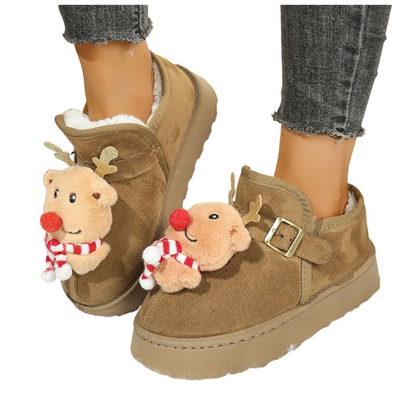 Womens Platform Christmas Snow Boots Fleece Lined Cute Cartoon Reindeer Flat Non Slip Ankle Booties
