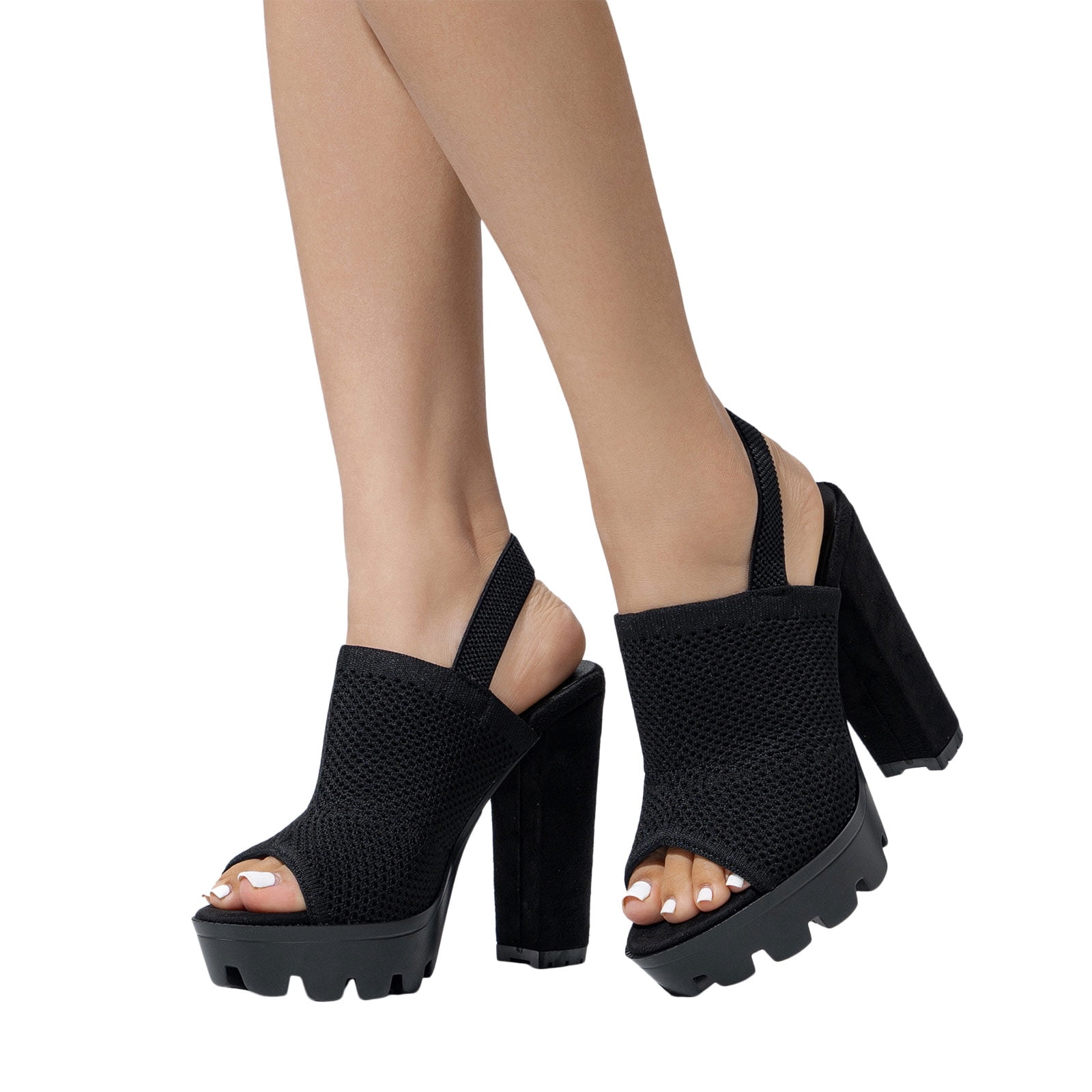Womens Platform Chunky High Heel Slingback Sandals Fashion Mesh Knit ...