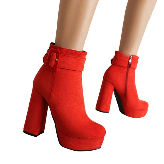 Womens Platform Chunky High Heels Dress Boots with Side Zipper Buckles Winter Fall Suede Pumps Ankle Booties for Ladies