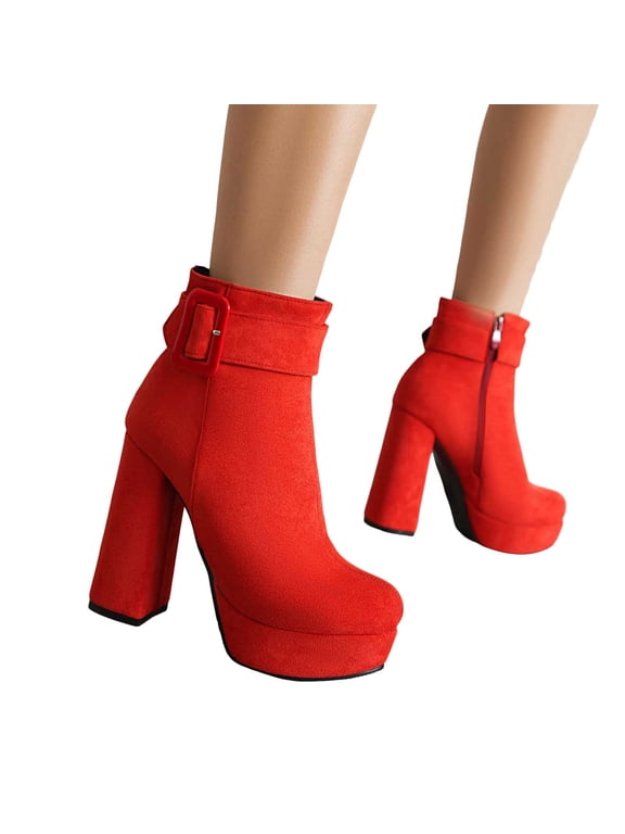 Womens Platform Chunky High Heels Dress Boots with Side Zipper Buckles Winter Fall Suede Pumps Ankle Booties for Ladies