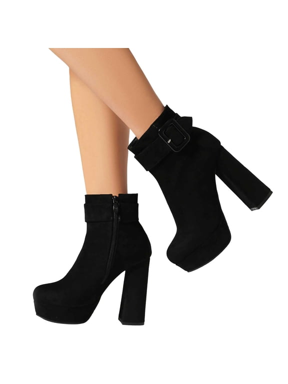 Womens Platform Chunky High Heels Dress Boots with Side Zipper Buckles Winter Fall Suede Pumps Ankle Booties for Ladies