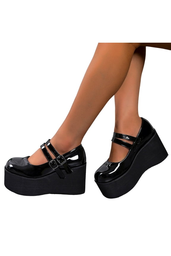 Womens Platform Chunky Mary Janes Dress Shoes Black Leather Vintage 2 Buckle Straps Height Increasing Heel Ballet Flats