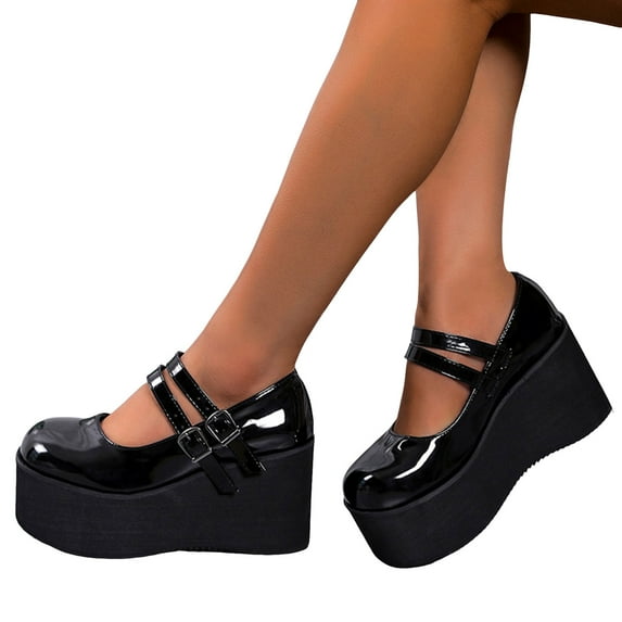 Womens Platform Chunky Mary Janes Dress Shoes Black Leather Vintage 2 Buckle Straps Height Increasing Heel Ballet Flats