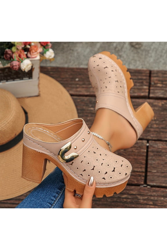 Womens Platform Clogs Khaki Slip On Sandals Chunky Block Heel Gold Buckle Perforated Breathable Faux Faux Leather Mules,Size 36