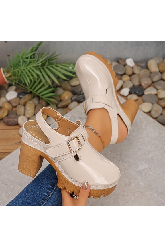 Womens Platform Clogs Mules Khaki Faux Faux Leather Mary Jane Shoes Chunky Block Heel Non-Slip Casual Sandals,Size 37