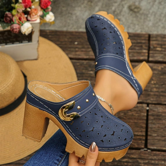 Womens Platform Clogs Navy Chunky Heel Sandals Slip On Mules Gold Buckle Perforated Breathable Faux Faux Leather Comfortable,Size 41