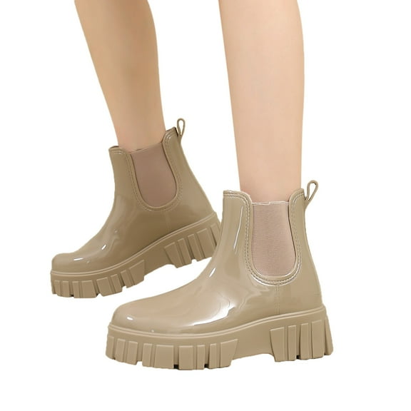 Womens Platform Combat Rain Boots Waterproof Slip On Chelsea Boots Comfortable Non Slip High Top Rain Shoes