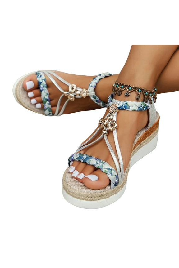 Women's Boho Platform Dress Sandals Beach Casual Linen Espadrilles Chunky Wedge Slingback Sandals Summer