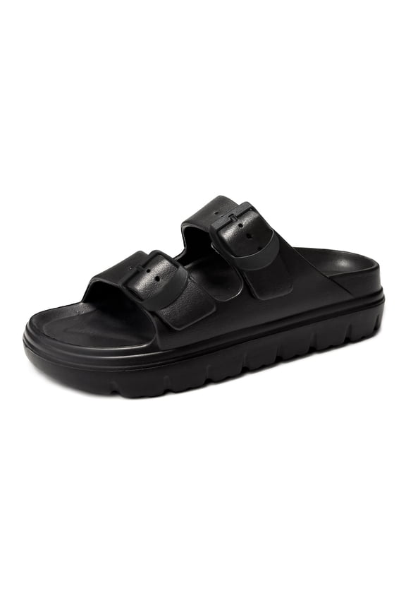 Womens Platform EVA Sandals With Arch Support, Summer Beach Slides With Adjustable Buckle, Comfort Lightweight Chunky Cushion Slip On Black Sandal