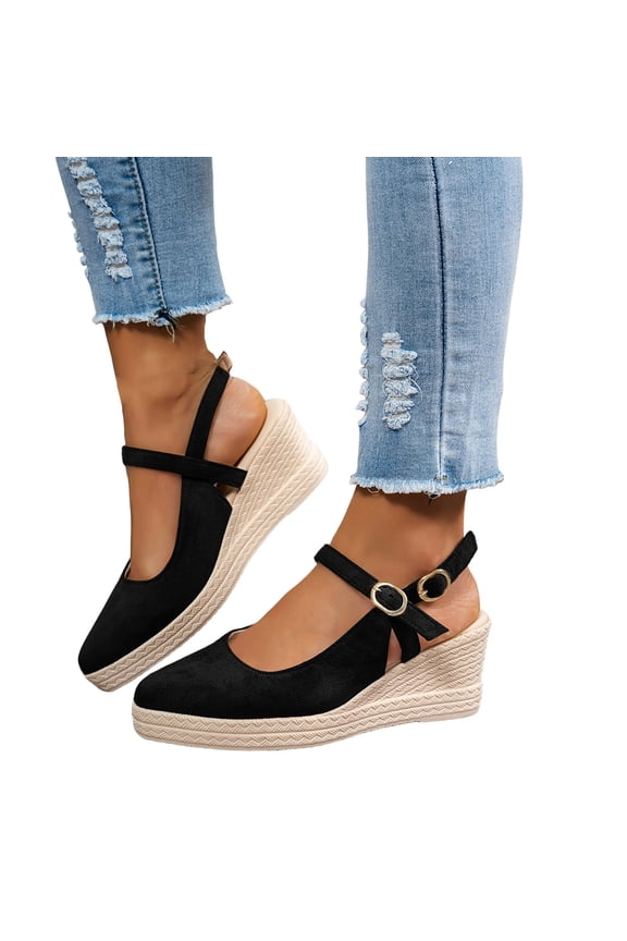 Womens Platform Espadrilles Closed Pointed Toe Wedge Sandals Elegant Suede Double Strappy Mary Jane Dress Heels Black Size 8