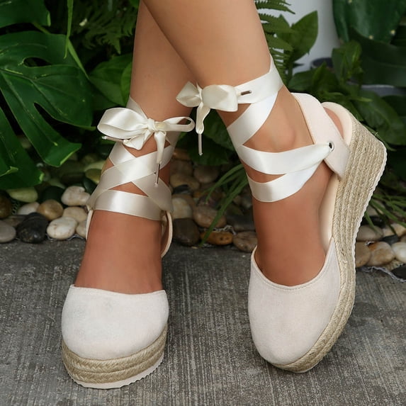 Womens Platform Espadrilles Closed Toe Wedge Sandals Tie up Ankle Strap Summer Dress Shoes for Wedding Vacation Beige Size 6