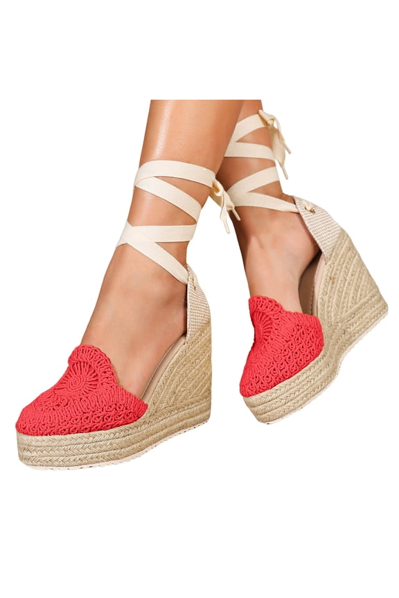 Womens Platform Espadrilles High Heeled Wedge Sandals Closed Toe Woven Upper Ankle Tie up Summer Dress Shoes Red Size 6